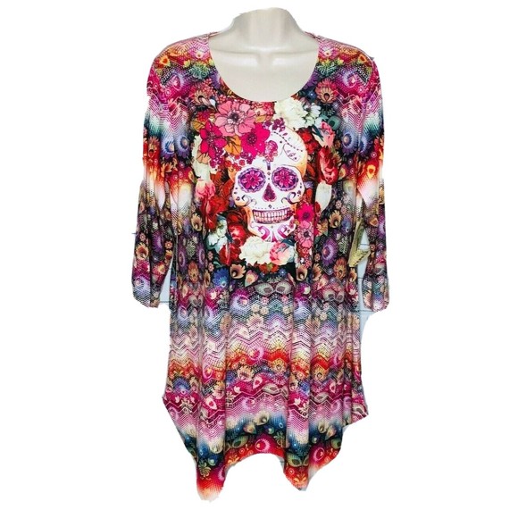 One World Embellished Skull Floral Singing Garden SharkBite 3/4 Sleeve Tunic L - Picture 1 of 9